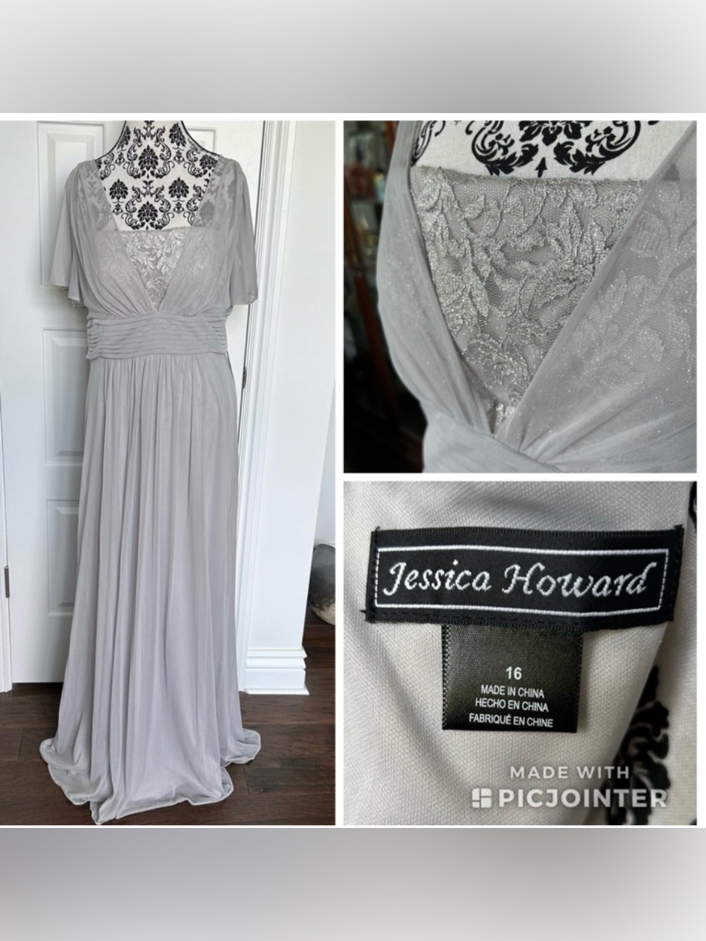 NEW Jessica Howard Chiffon V-Neck Maxi Special Occasion Gown Silver, Sz 16
